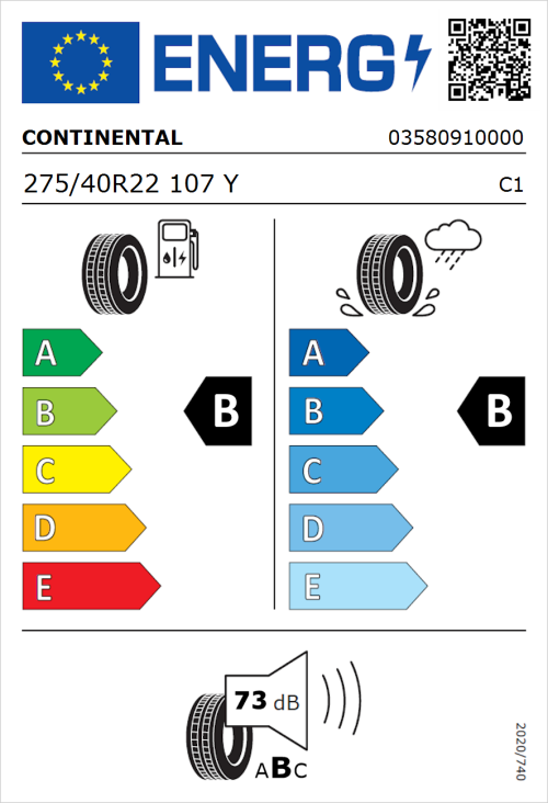 Tyre Label for Continental PremiumContact 6 275/40R22 107Y