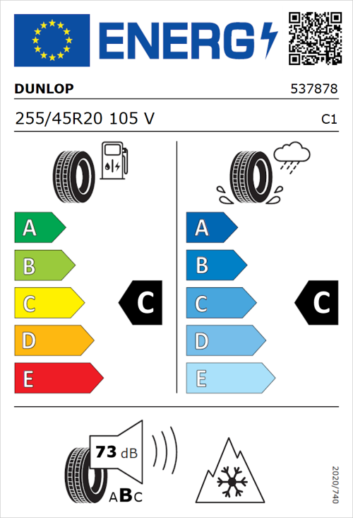 Tyre Label for Dunlop SP Winter Sport 5 255/45R20 105V