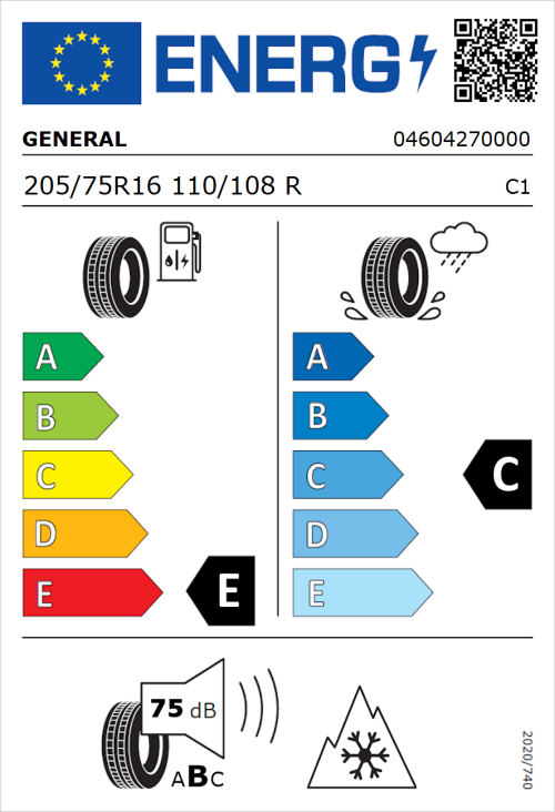 Tyre Label for General Grabber AT 3 205/75R16 110/108R
