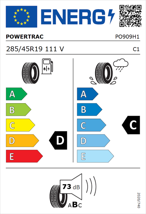 Tyre Label for Powertrac City Racing 285/45R19 111V